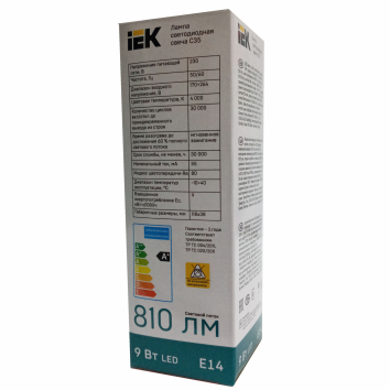 Лампа светодиодная IEK C35 СВЕЧА 9ВТ 230В 4000К Е14 ИЭК(вид упаковки с таблицей характеристик)