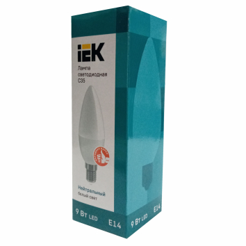 Лампа светодиодная IEK C35 СВЕЧА 9ВТ 230В 4000К Е14 ИЭК(общий вид в упаковке)